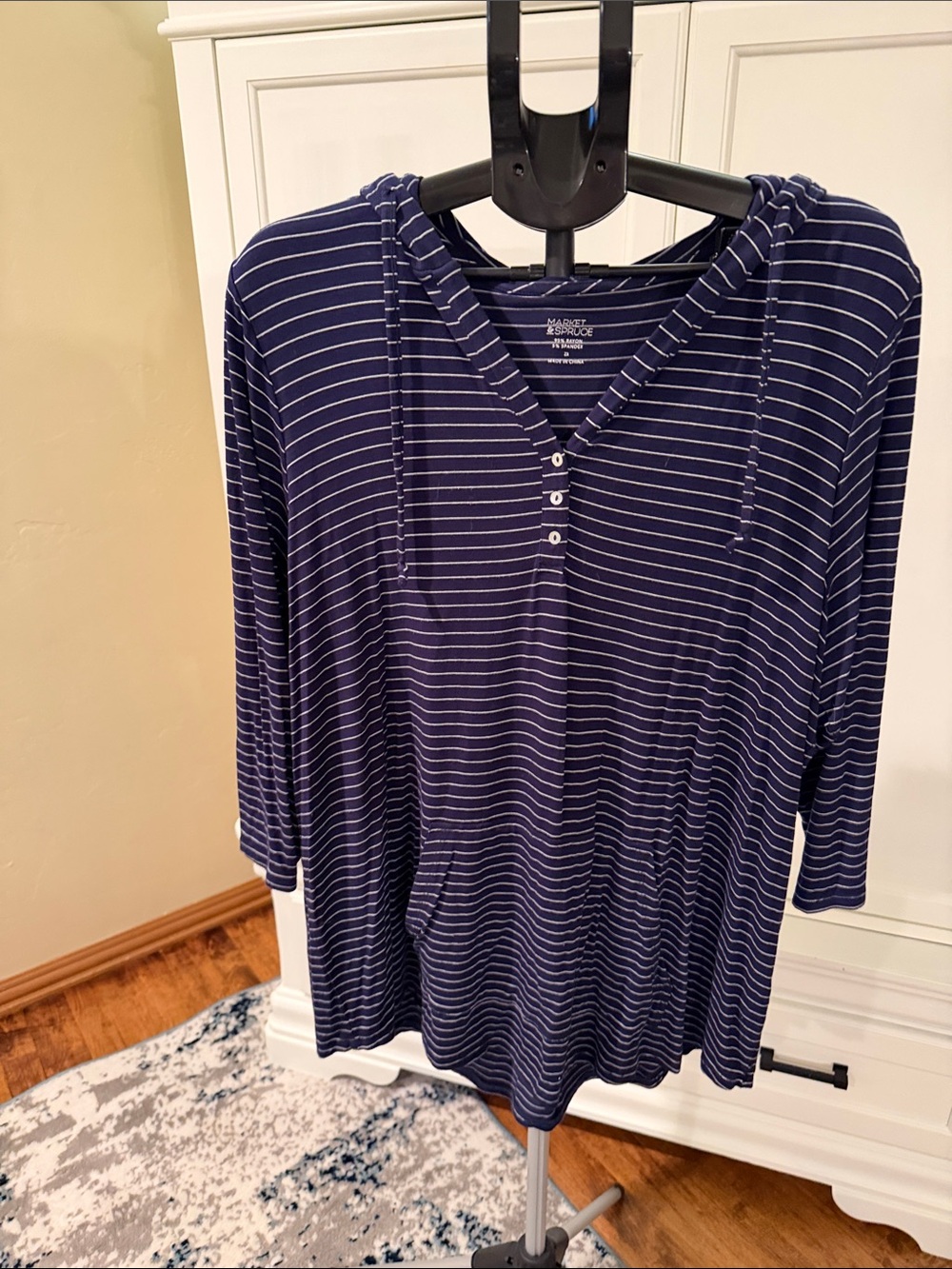 Market & Spruce Navy and White Striped Hooded Henley (92)